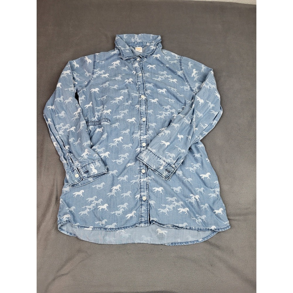 Gymboree Long Horse Shirt Girls XL Blue AOP Horses Lightweight Outdoor Flowy‎